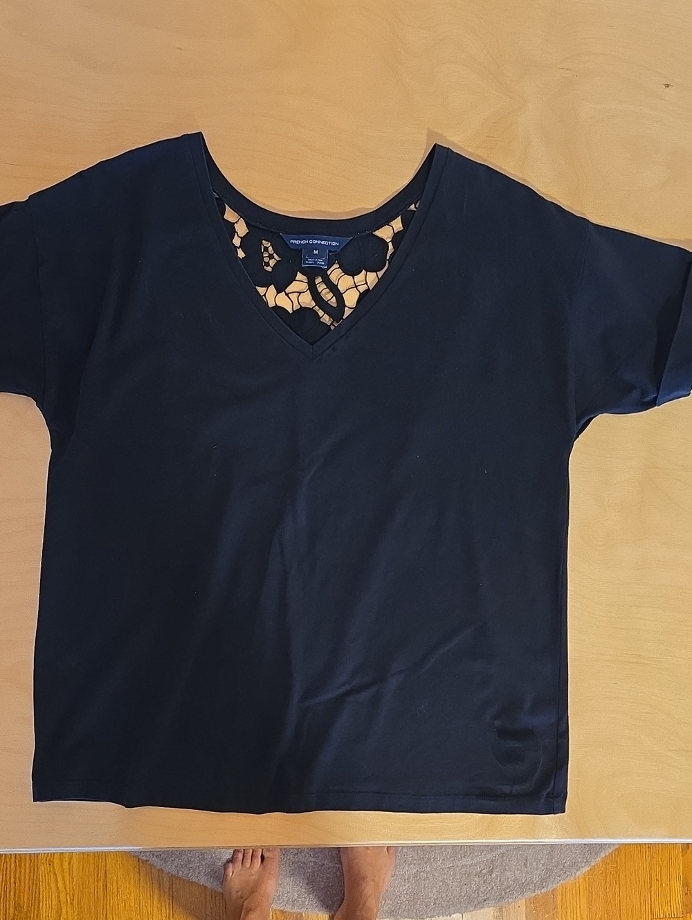 French Connection Navy Short-Sleeve V-Neck Tee with Lace Back Yoke